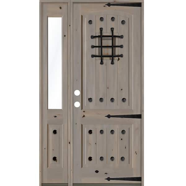 Krosswood Doors 62 in. x 96 in. Mediterranean Knotty Alder Right-Hand/Inswing Clear Glass Grey Stain Wood Prehung Front Door w/Sidelite