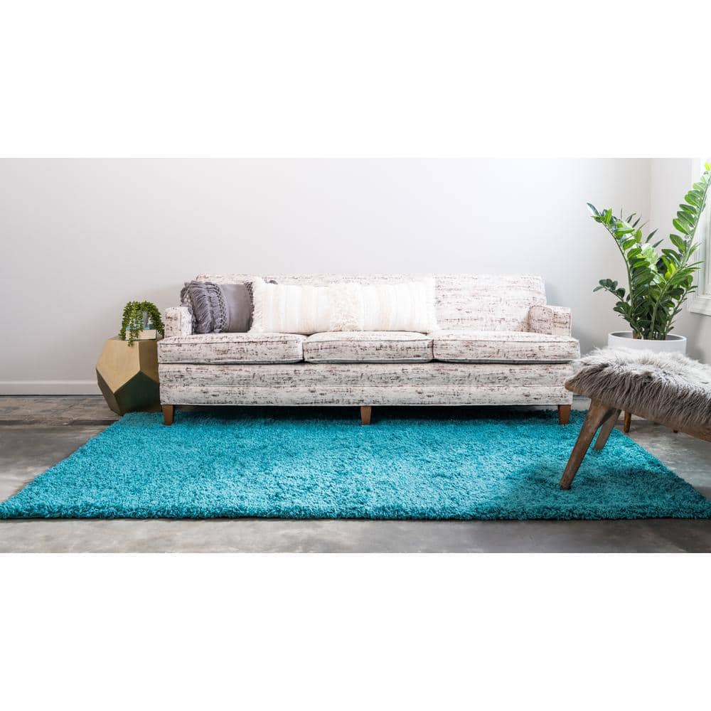 Reversible Deep Aqua Blue Shag Rug 3' 3" x 5' 3" Synthetic Rectangle