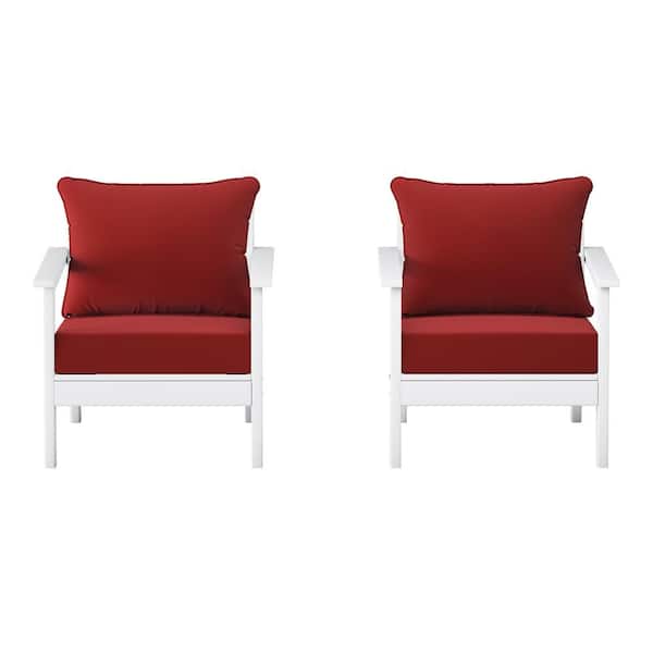 Birchwood White Outdoor Patio (Set of 2) Deep Seating HDPE Lounge Chairs w/ Red Cushions