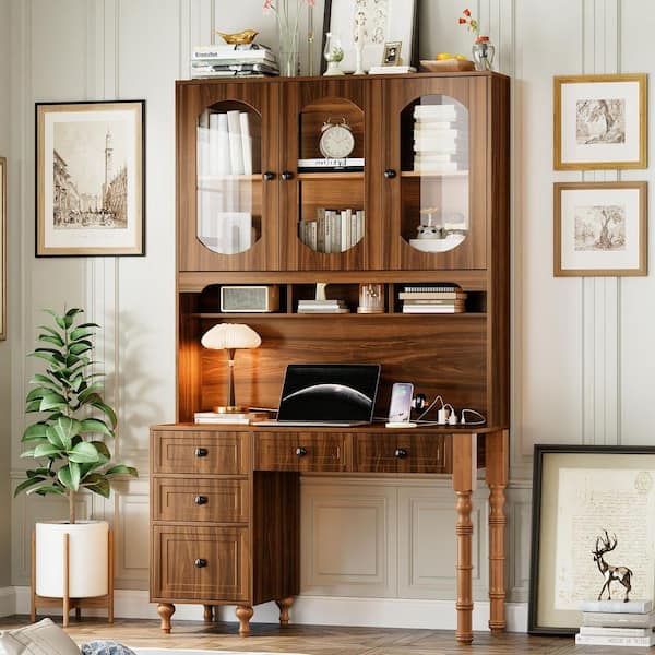 47 in. Walnut Wood 5-Drawer Executive Computer Desk w/ Charging Ports Hutch Cabinet Office Desk w/ Glass-Door Bookshelf