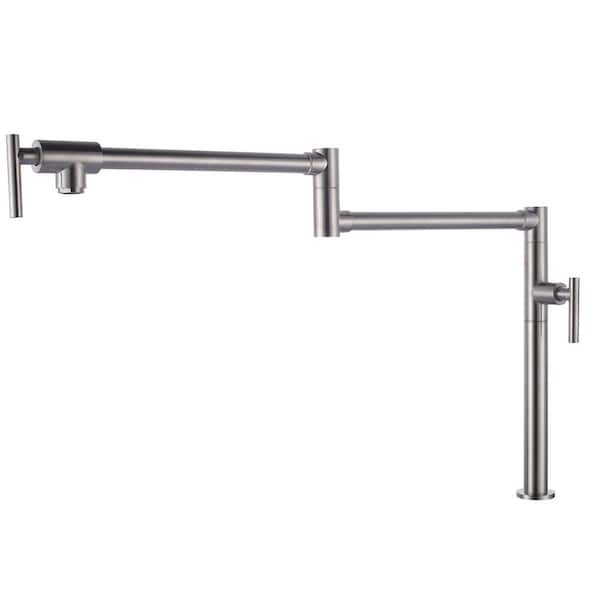 WOWOW Solid Brass Deck Mount Pot Filler Faucet, Pot Filler with Stretchable Double Joint Swing Arm in Brushed Nickel