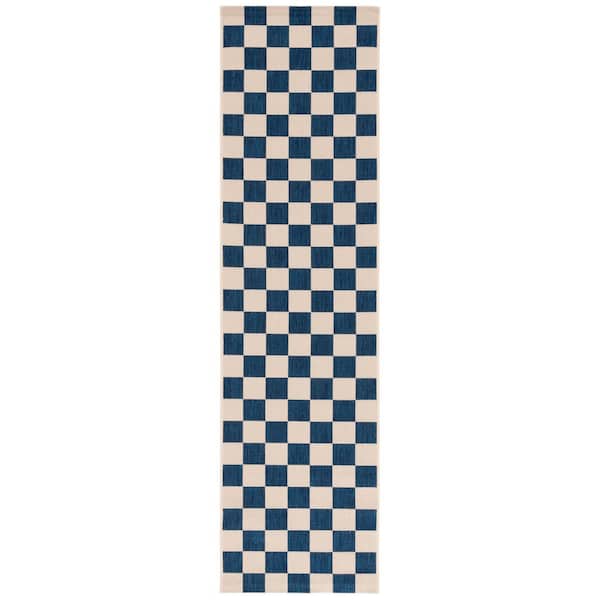 Courtyard 2 ft. x 8 ft. Navy/Beige Checkered Indoor/Outdoor Runner Rug