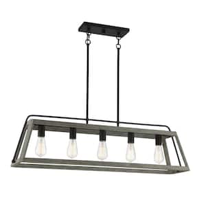 Hasting 10 in. W x 12 in. H 5-Light Noblewood with Iron Linear Chandelier with Metal Frame