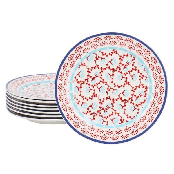 Gibson Home Village Vines Floral 8 Piece 7.4 in. fine ceramic Dessert Plate Set in White and Red
