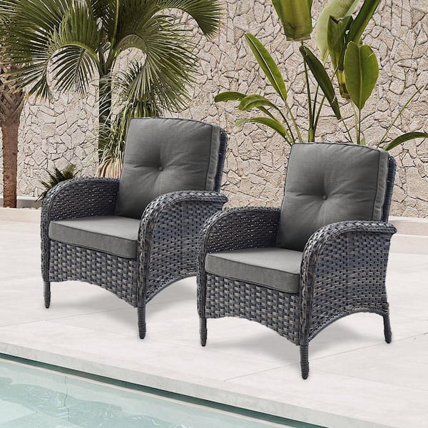 PlainCurve Metal and Brown Wicker Outdoor Lounge Chair with Olefin Gray Cushions (2-Pack)