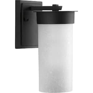 Hawthorne Collection 1-Light Textured Black Etched Seeded Glass Craftsman Outdoor Small Wall Lantern Light