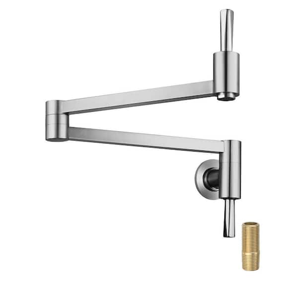 Wall Mounted Pot Filler Kitchen Faucet with Double Handles and 360° Spout Swivel in Brushed Nickel
