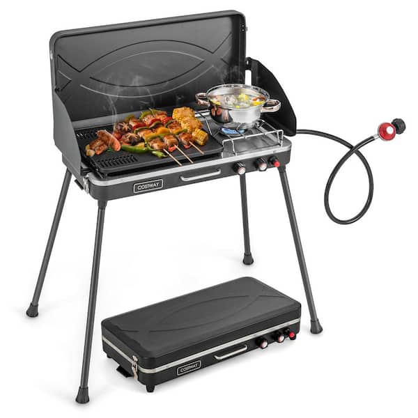 Costway 2-in-1 Portable Propane Grill 2 Burner Camping Gas Stove with Removable Leg Black