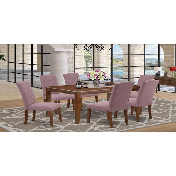East West Furniture 7-Piece Rectangle Mahogany Finish Solid Wood Top Dining Table with 6-Parson Chairs with Lattice Back