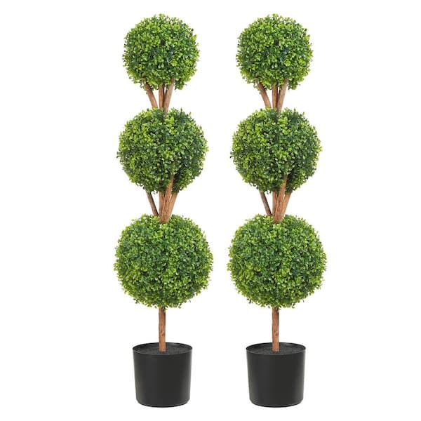 VEVOR Artificial Topiaries Boxwood Trees 48 in. Green Artificial Boxwood Topiaries With Containers 3 Ball-Shape Plant, (2-Pcs)