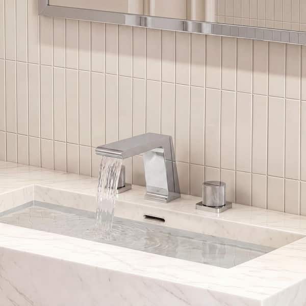 Waterfall 4.25 in. H 3-Hole 2-Handle Modern 8 in. Widespread Bathroom Sink Faucet in Polished Chrome with Drain