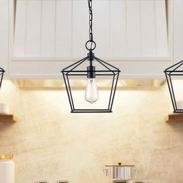 Bel Air Lighting 10 in. 1-Light Black Farmhouse Pendant Light Fixture with Caged Metal Shade