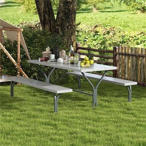72 in. White Rectangle Metal Picnic Tables Seats 8-People with Umbrella Hole