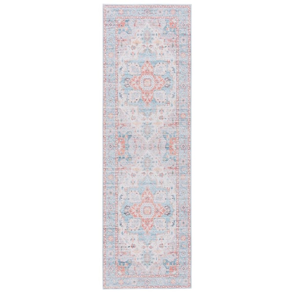 Tucson Turquoise/Rust 3 ft. x 8 ft. Machine Washable Distressed Ornate Border Runner Rug