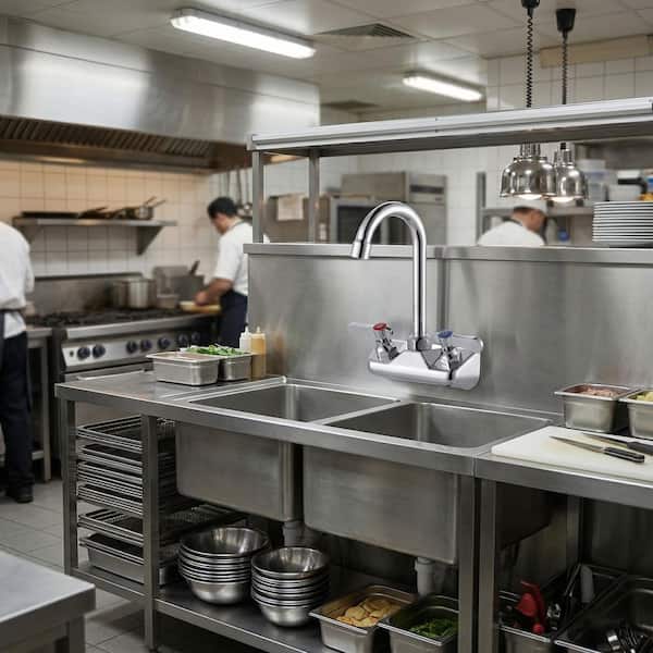 4 in. Centerset Double Handle Wall Mount Standard Kitchen Faucet with 3-4/5 in. Gooseneck Spout in Chrome