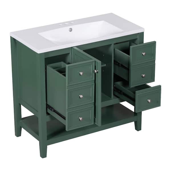 36 in. W x 18 in. D x 34.1 in. H Single Sink Freestanding Green Bath Vanity with White Ceramic Top