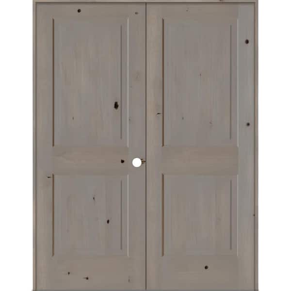 Krosswood Doors 56 in. x 80 in. Rustic Knotty Alder 2-Panel Left-Handed Grey Stain Wood Double Prehung Interior Door with Square-Top