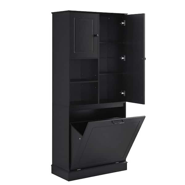 29.9 in. W x 14.2 in. D x 67.7 in. H Black Wood Linen Cabinet Storage Cabinet w/ Adjustable Shelves and Flip-Out Basket