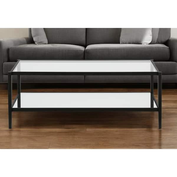 HomeRoots 45 in. Black Rectangle Glass Coffee Table with Shelves Storage