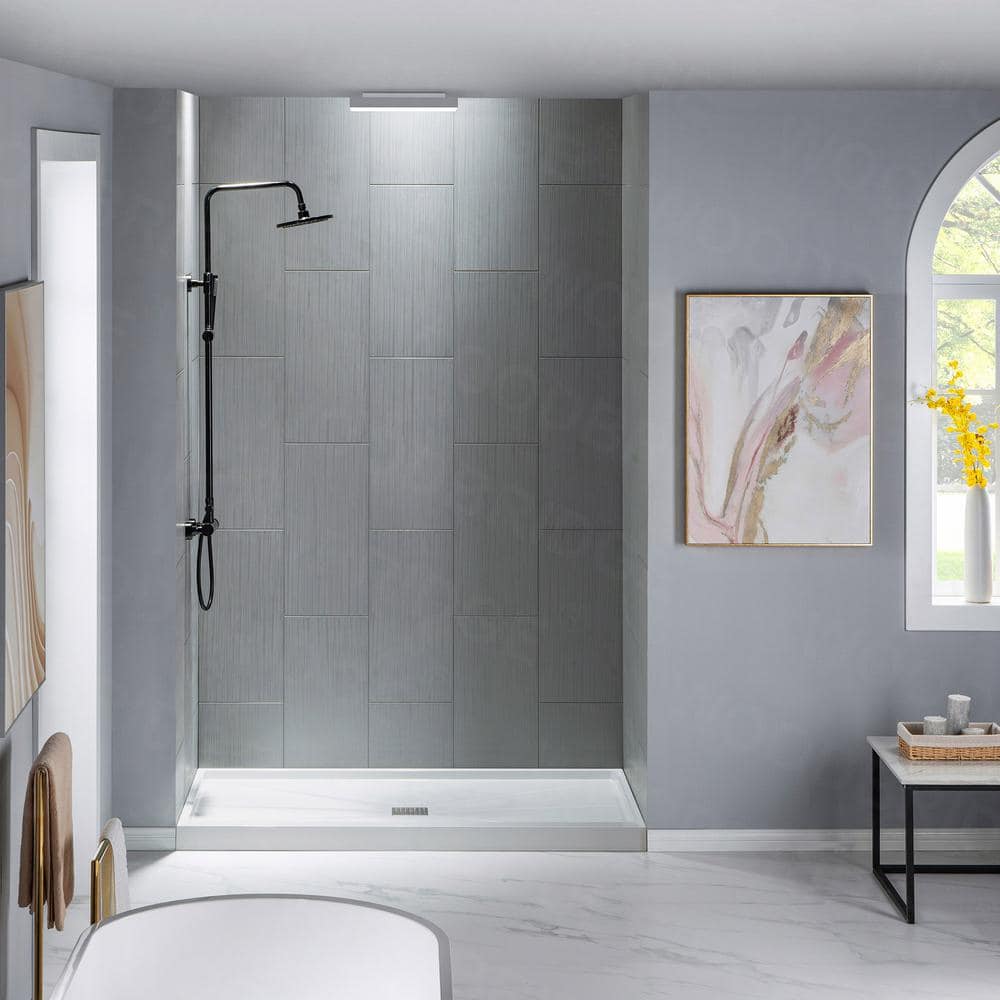 48" White Rectangular Shower Pan with Brushed Nickel Drain Cover