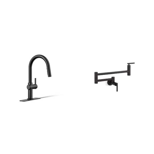 Matte Black Touchless Pull Down Sprayer Kitchen Faucet and Wall Mount Pot Filler Combo