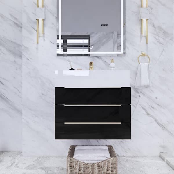 Bethany 24 in. W x 20 in. D x 22 in. H Single Sink Floating Bath Vanity in Gloss Black with White Acrylic Top