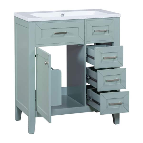 30 in. W Solid Wood Frame Bath Vanity in Green with White Ceramic Top, 3-Drawers, Storage Rack