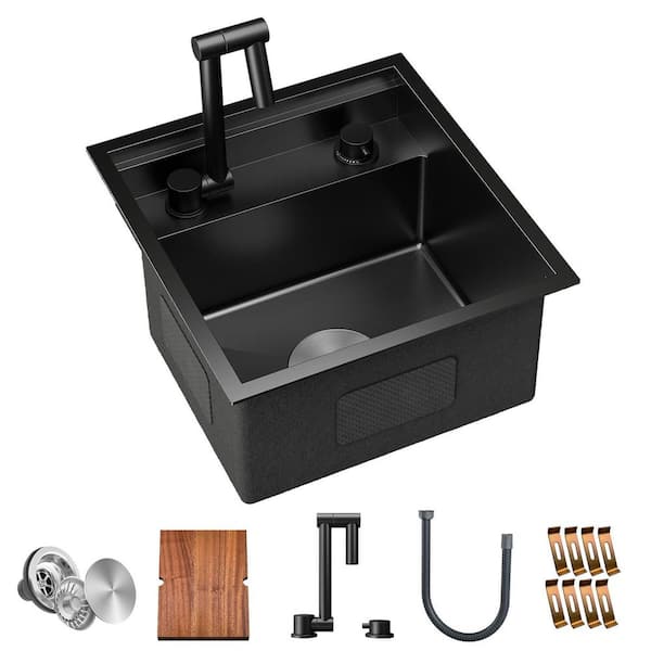Black Stainless Steel 16 in. Single Bowl Bar Sink with 360 Rotating Faucet, Cutting Board Undermount for Kitchen Bar RV