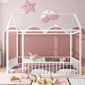 White Twin Size Metal House Bed Kids Bed with Fence