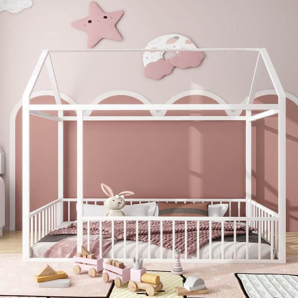 Harper & Bright Designs White Twin Size Metal House Bed Kids Bed with Fence
