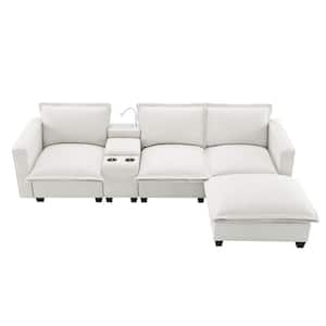 109 in. L-Shaped Chenille Sectional Sofa in. Beige with Console, USB Charging Port & Cup Holder