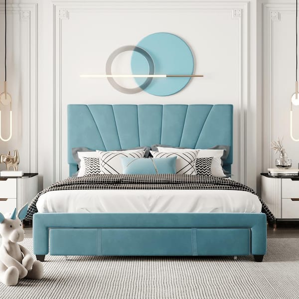 Qualler Blue Queen Size Velvet Upholstered Storage Platform Bed with 1 Big Drawer