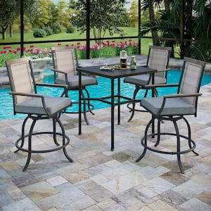 5-Piece Metal Bar Height Outdoor Bistro Set with Square Table and Rattan Bistro Chairs with Gray Cushion