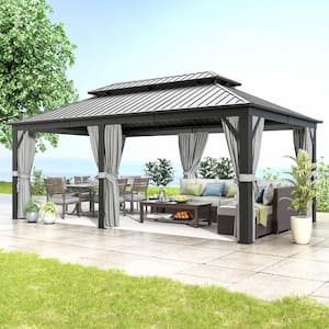20 ft. x 12 ft. Outdoor Double Galvanized Steel Roof Hardtop Gazabo with Ceiling Hook, Curtains and Netting
