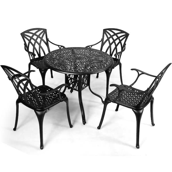 Costway Black 5-Piece Cast Aluminum Round Outdoor Dining Set Garden Deck Furniture