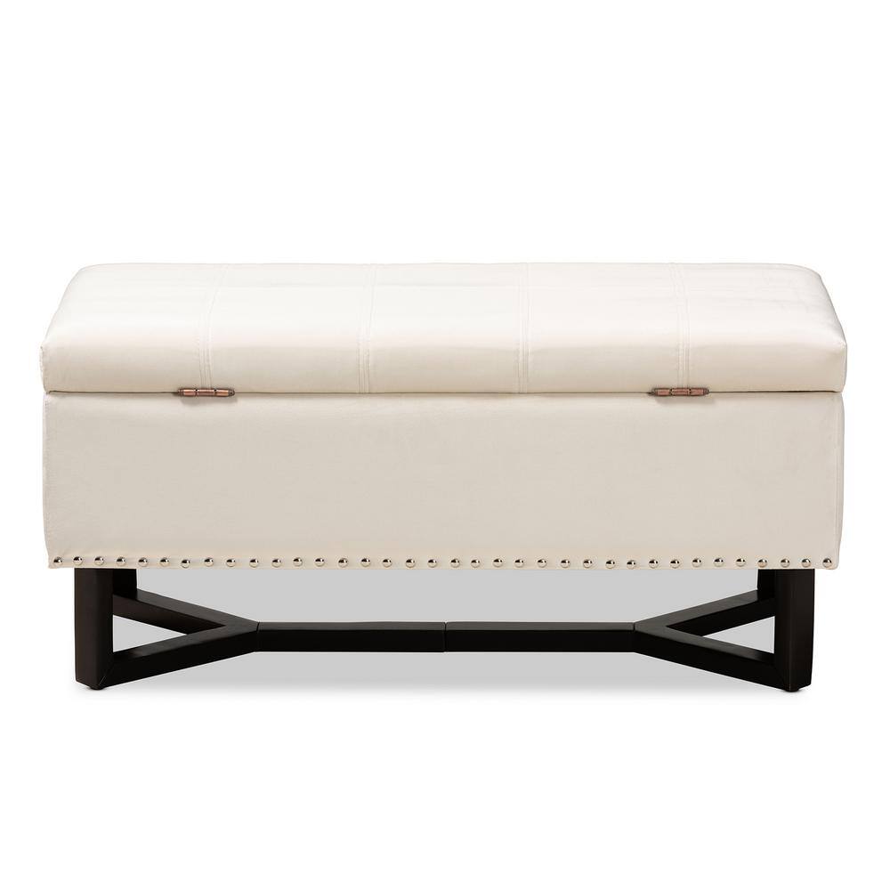 Esther Beige Velvet and Dark Brown Wood Tufted Storage Ottoman
