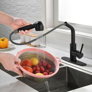 Single Handle Gooseneck Pull Down Sprayer Kitchen Faucet with Deckplate in Matte Black