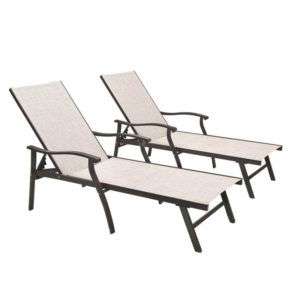Beige Aluminum Outdoor Chaise Lounge with Armrests, Set of 2
