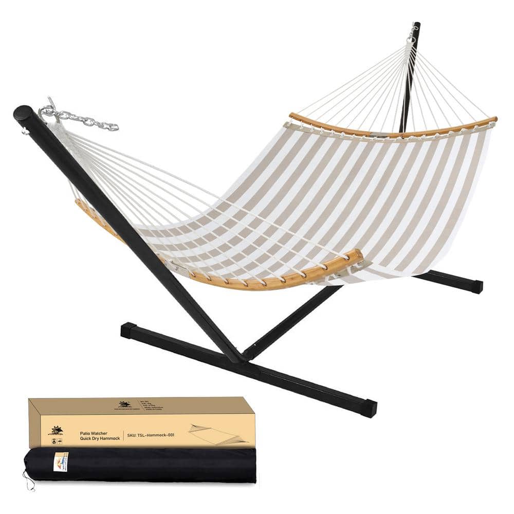 10 ft. Quilted 2-Person Hammock with Stand, Beige Stripes