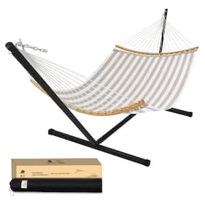 10 ft. Quilted 2-Person Hammock with Stand and Matching Pillow, Beige Stripes