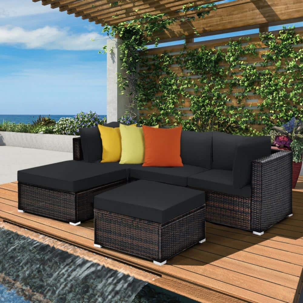 5-Piece Black Wicker Outdoor Sectional Set with Black Cushions price history on PriceWatchPro