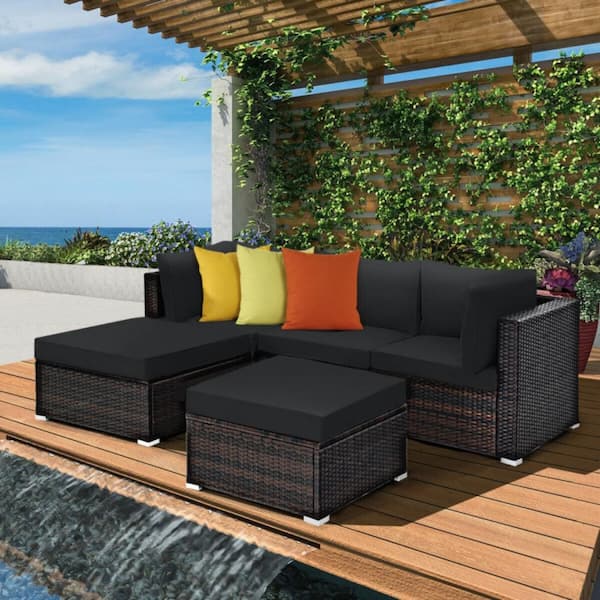 Kadehome 5-Piece Black Wicker Outdoor Sectional Set with Black Cushions