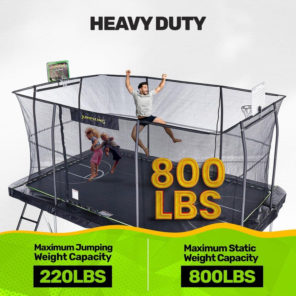 Black Rectangular Steel Trampoline with Enclosure and Basketball Hoop