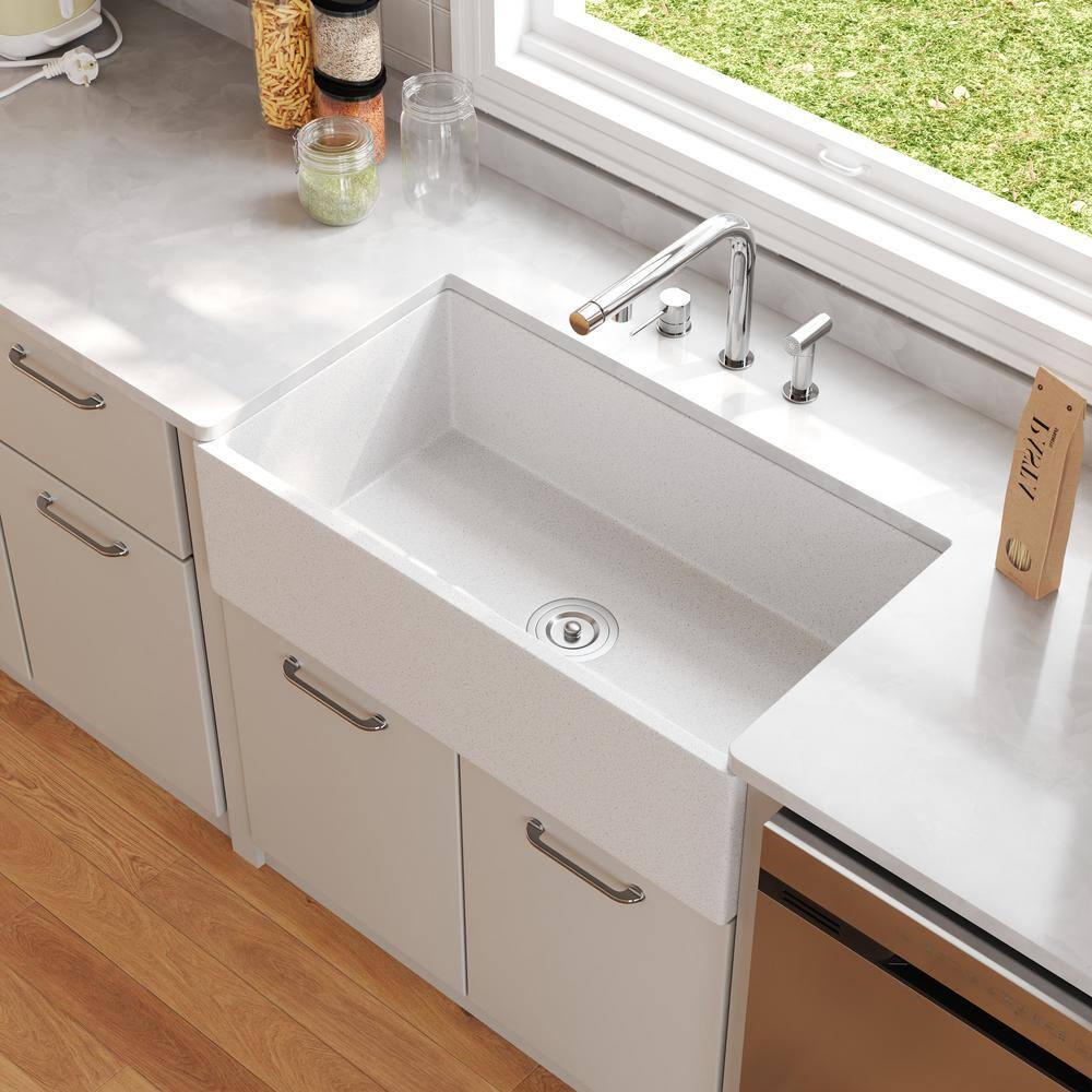 Gritty White Concrete Farmhouse Kitchen Sink with Stainless Steel Grid