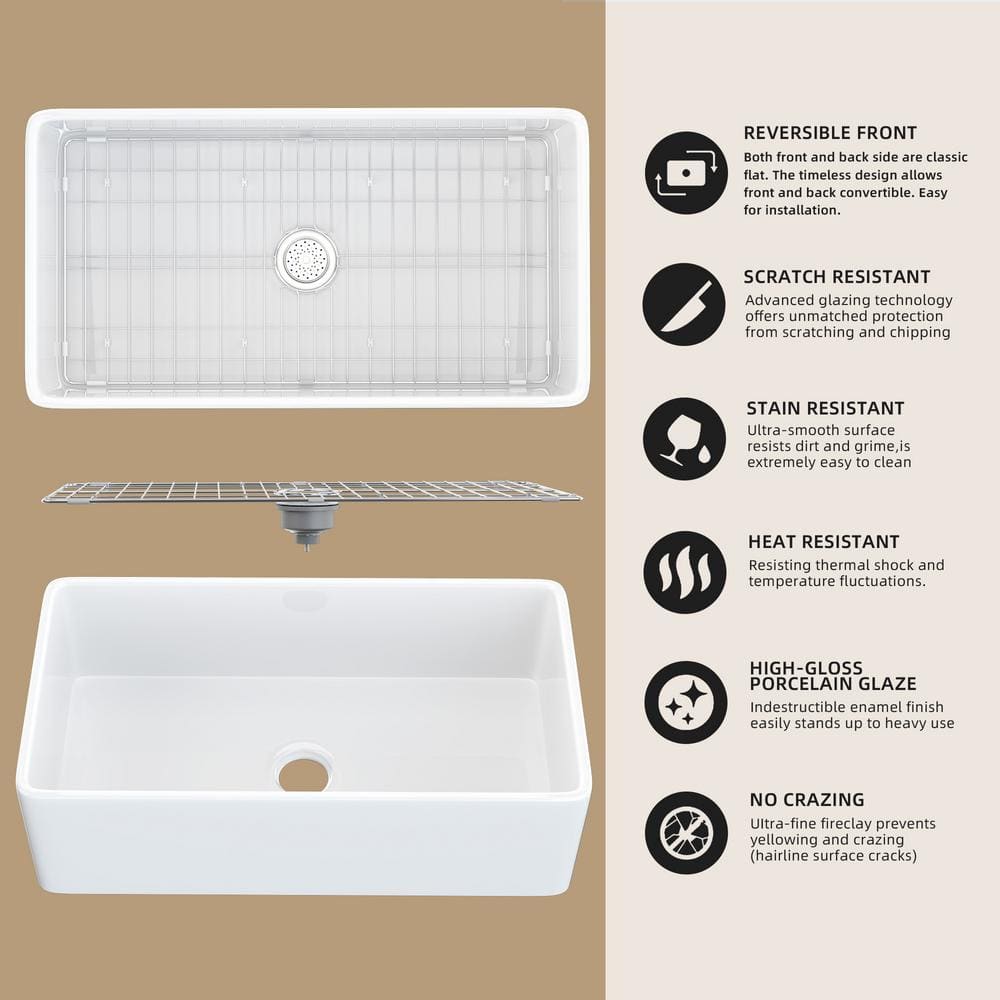 33" White Fireclay Farmhouse Apron-Front Kitchen Sink with Accessories