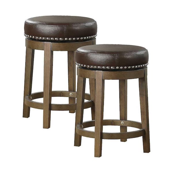 EVERGLADE HOME Paran 25 in. Brown Backless Wood Frame Round Swivel Bar Stool with Brown Faux Leather Seat (Set of 2)