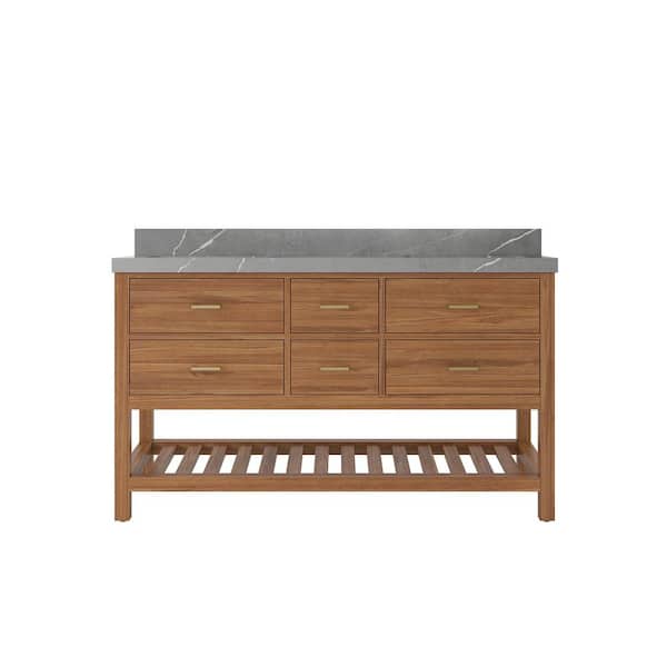 Willow Collections Parker Teak 60 in. W x 22 in. D x 36 in. H Double Sink Bath Vanity in Golden Teak with 2 in. Piatra Gray Quartz Top