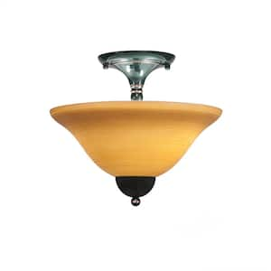 Bristol 11.25 in. 2-Light Black Copper Semi-Flush with 12 in. Cayenne Linen Glass Shade No Bulbs Included