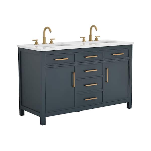 Cooper 54 in. W Bath Vanity in Vintage Blue with Engineered Stone Top in Ariston White with White Sinks