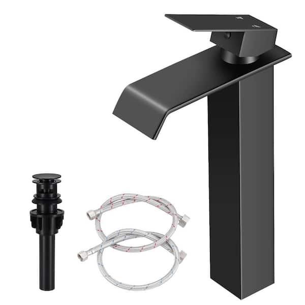 Waterfall Single Handle Vessel Sink Faucet with Pop-Up Drain in Matte Black